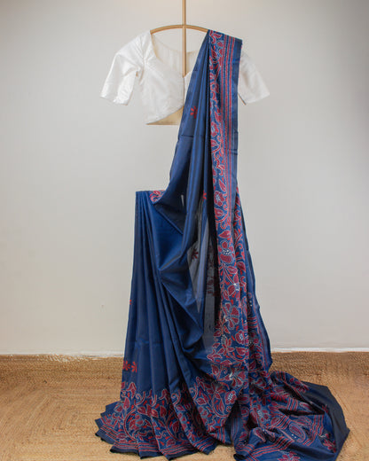 Kantha Floral Blue Saree