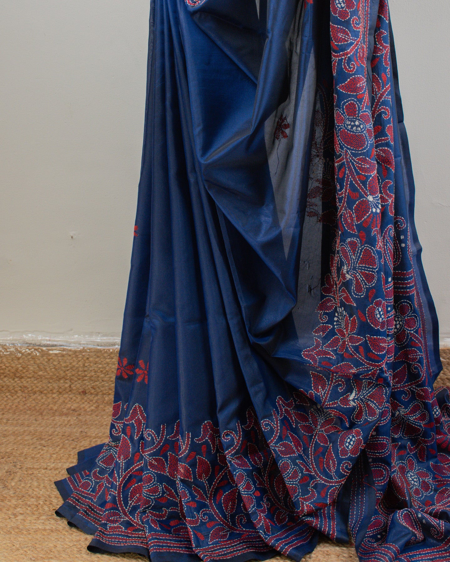 Kantha Floral Blue Saree
