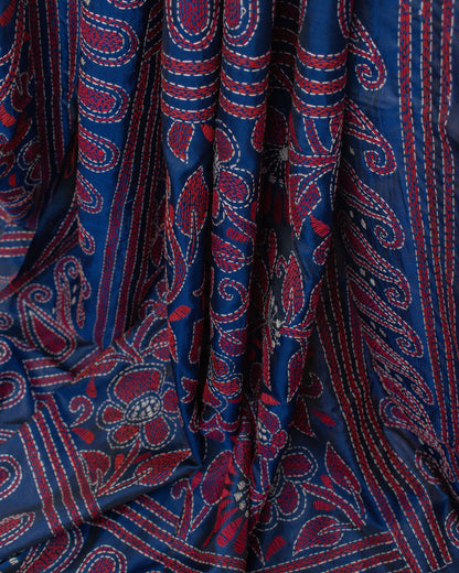 Kantha Floral Blue Saree