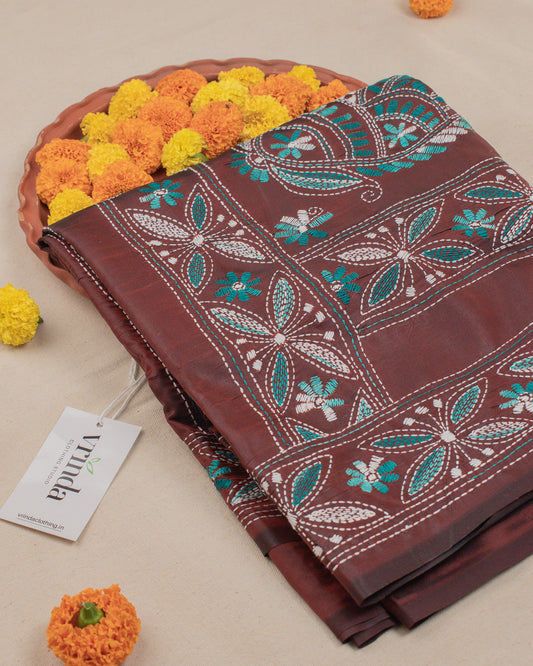Kantha Floral Brown Saree