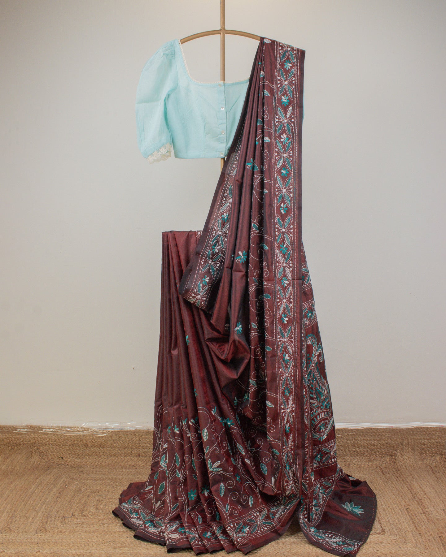 Kantha Floral Brown Saree