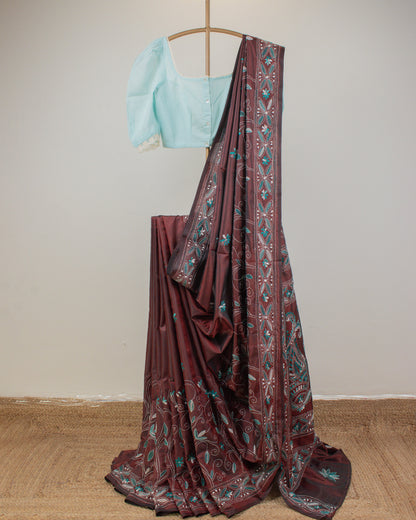 Kantha Floral Brown Saree