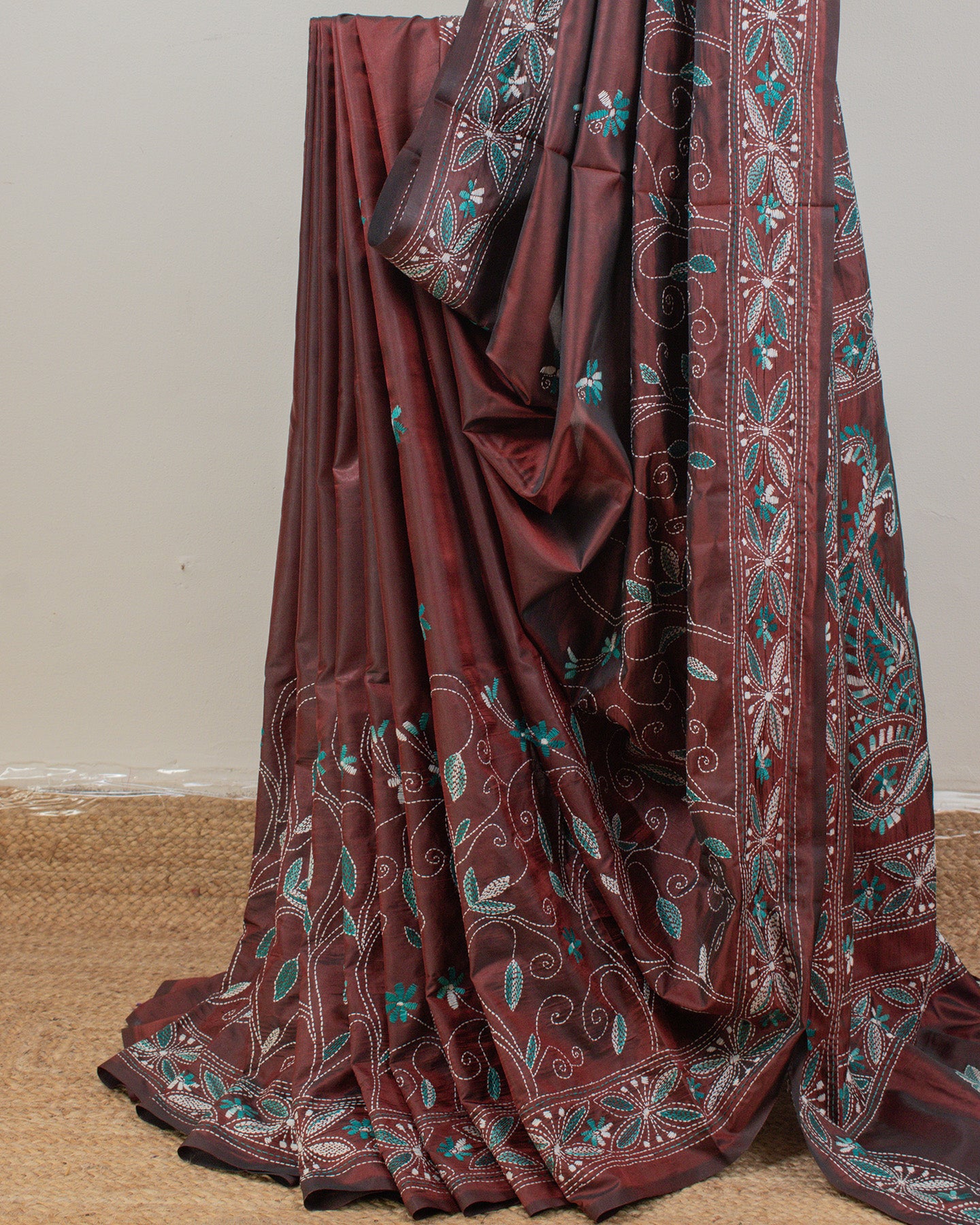 Kantha Floral Brown Saree