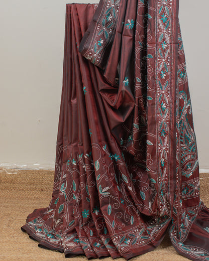 Kantha Floral Brown Saree