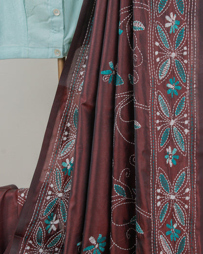 Kantha Floral Brown Saree