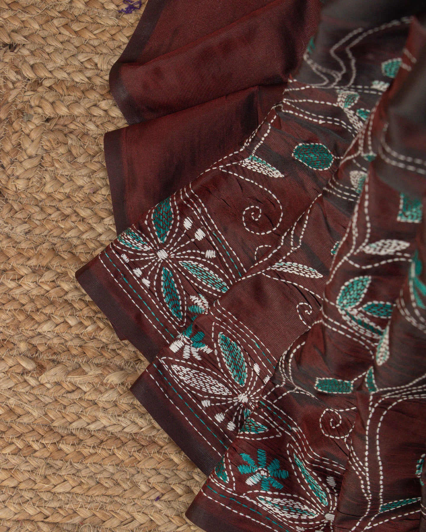 Kantha Floral Brown Saree