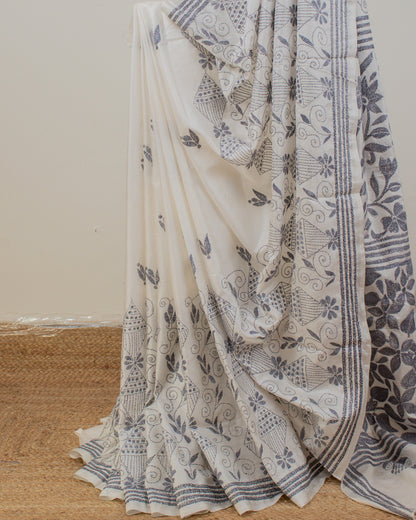 Kantha Floral Grey Saree