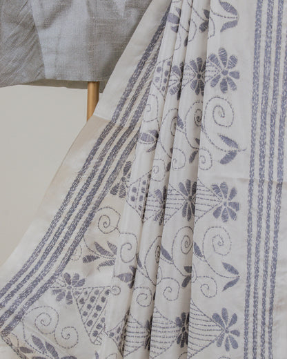 Kantha Floral Grey Saree