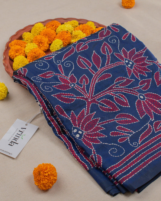 Kantha Floral Ink Blue Saree