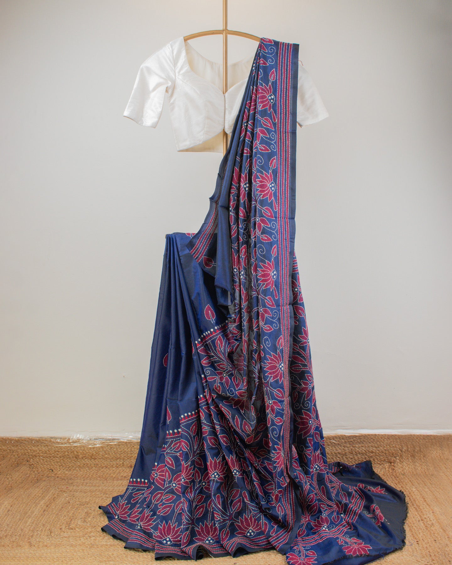 Kantha Floral Ink Blue Saree