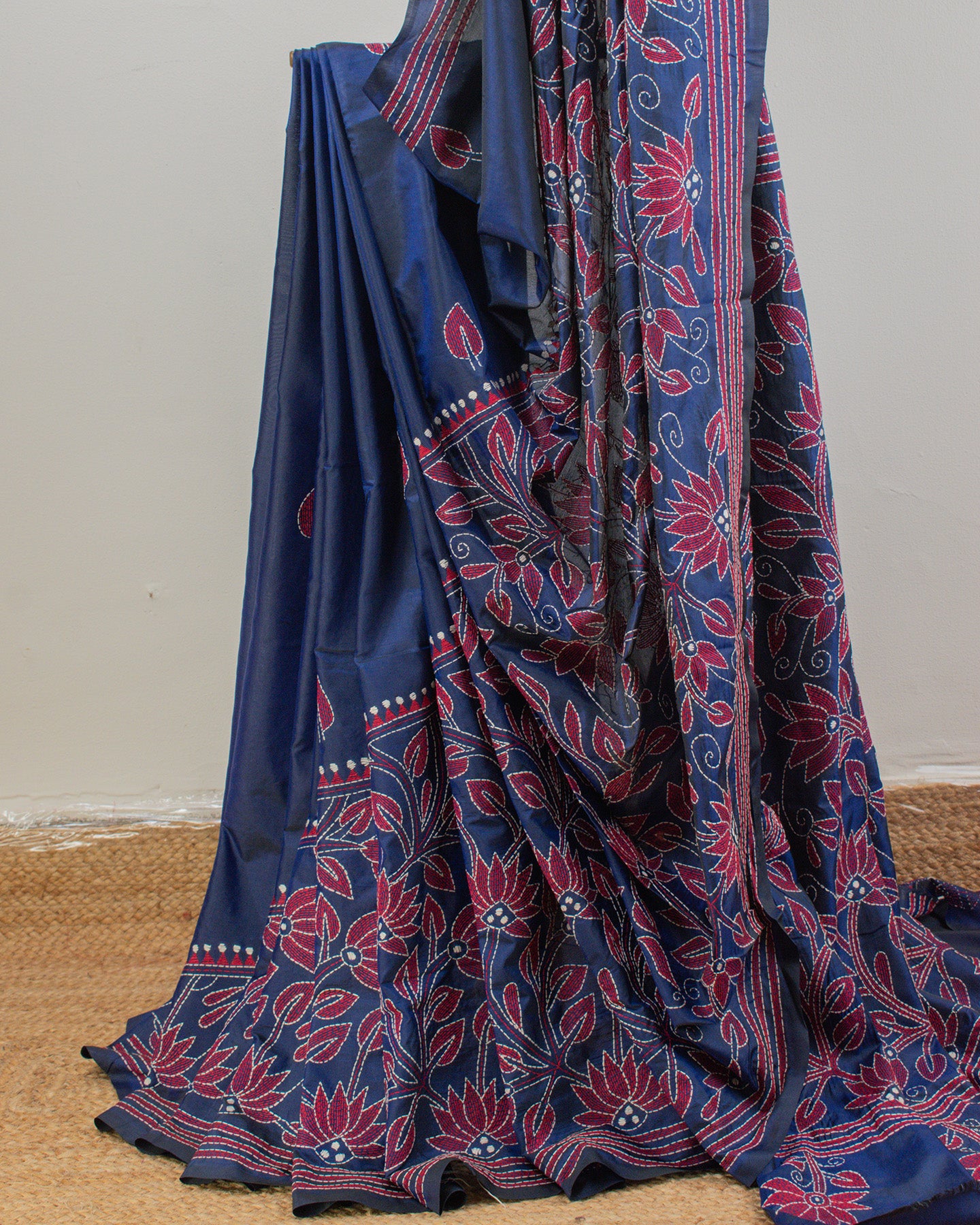 Kantha Floral Ink Blue Saree
