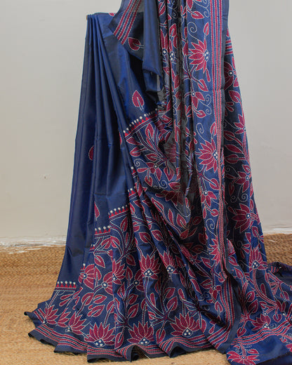 Kantha Floral Ink Blue Saree