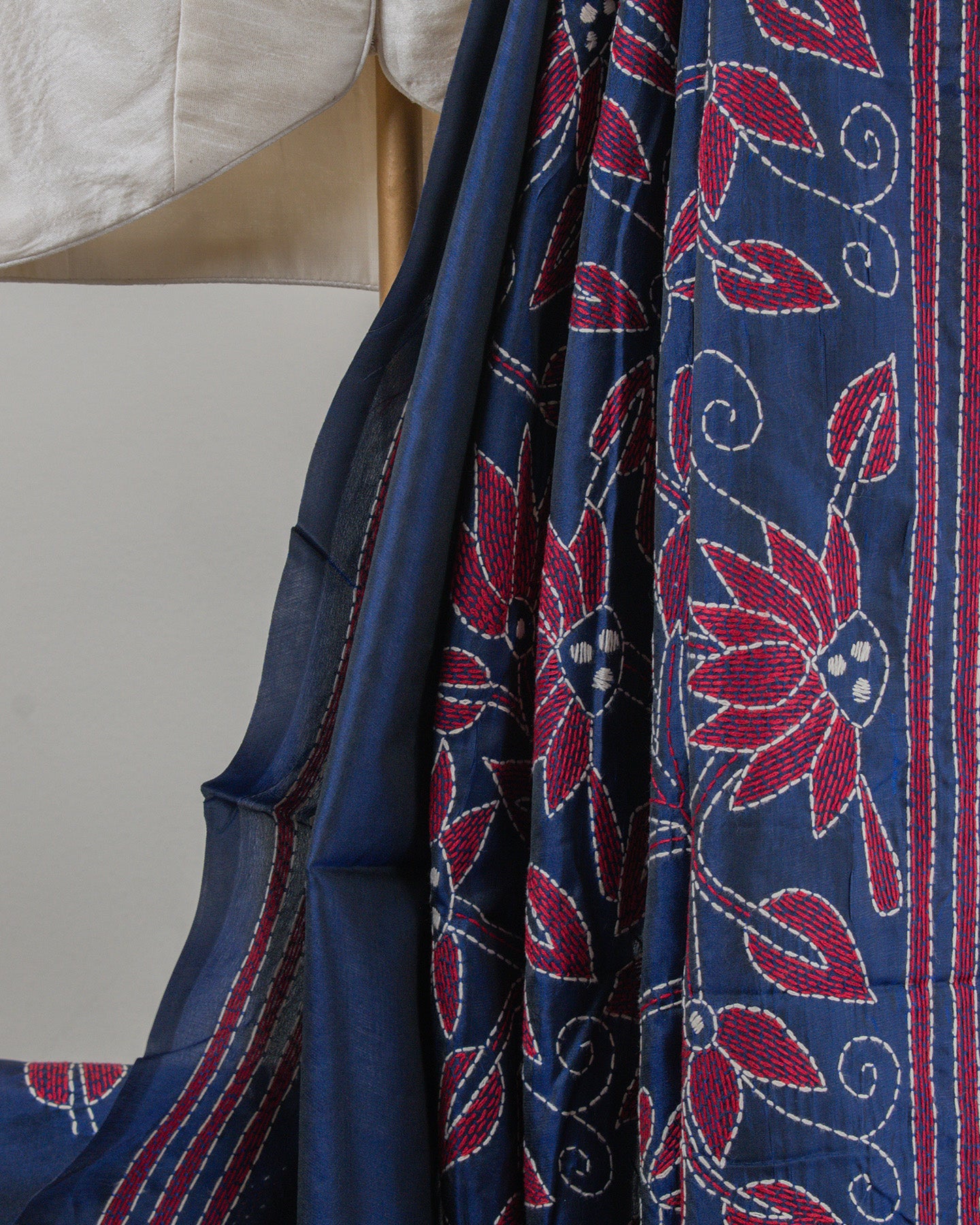 Kantha Floral Ink Blue Saree