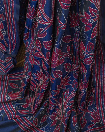Kantha Floral Ink Blue Saree