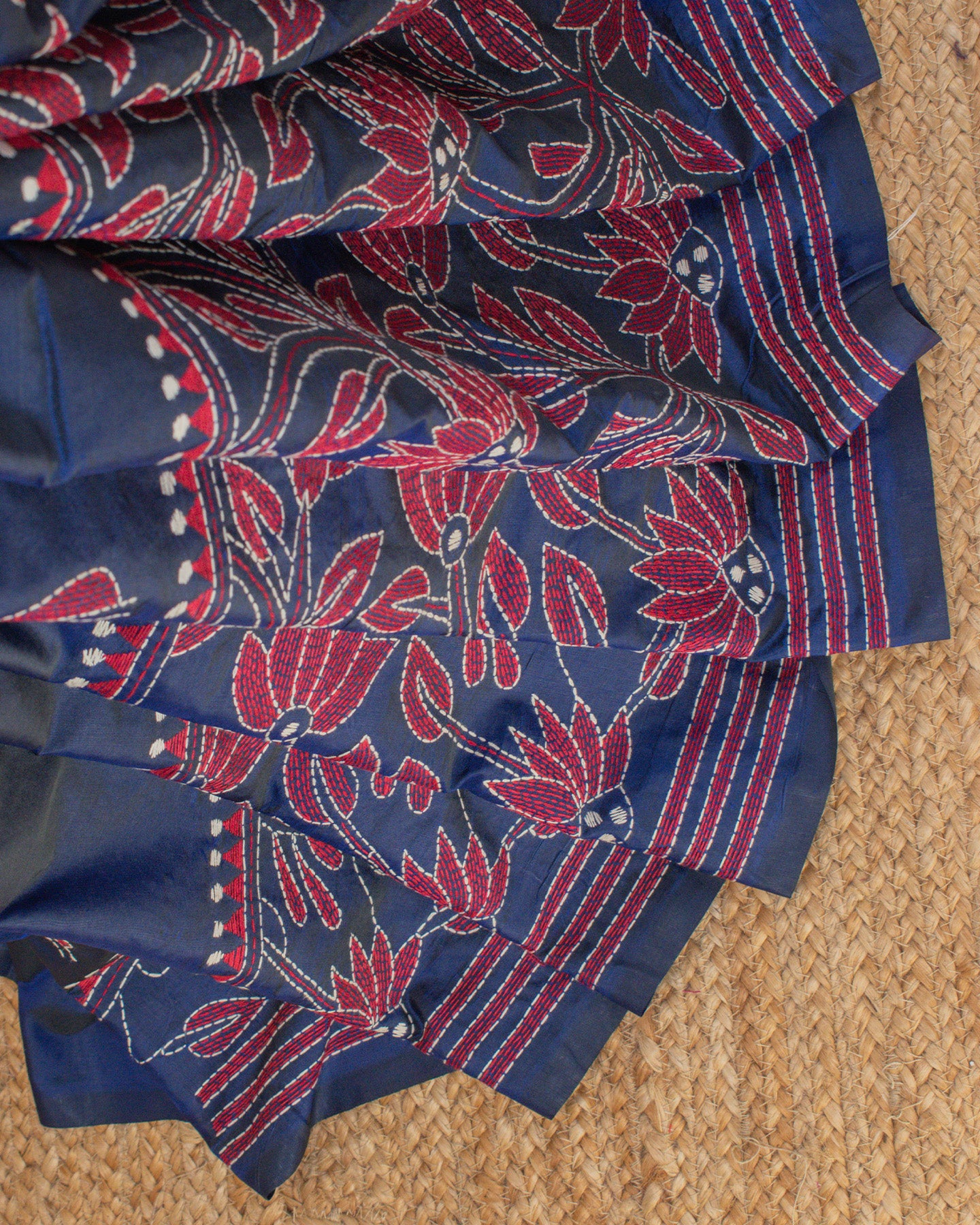 Kantha Floral Ink Blue Saree