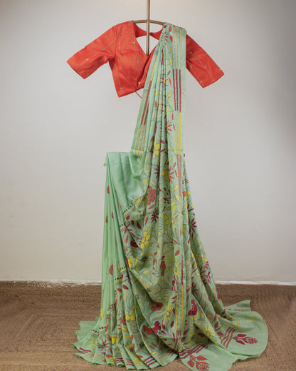 Kantha Floral Mint Saree
