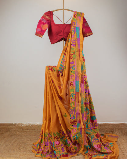 Kantha Floral Mustard Saree