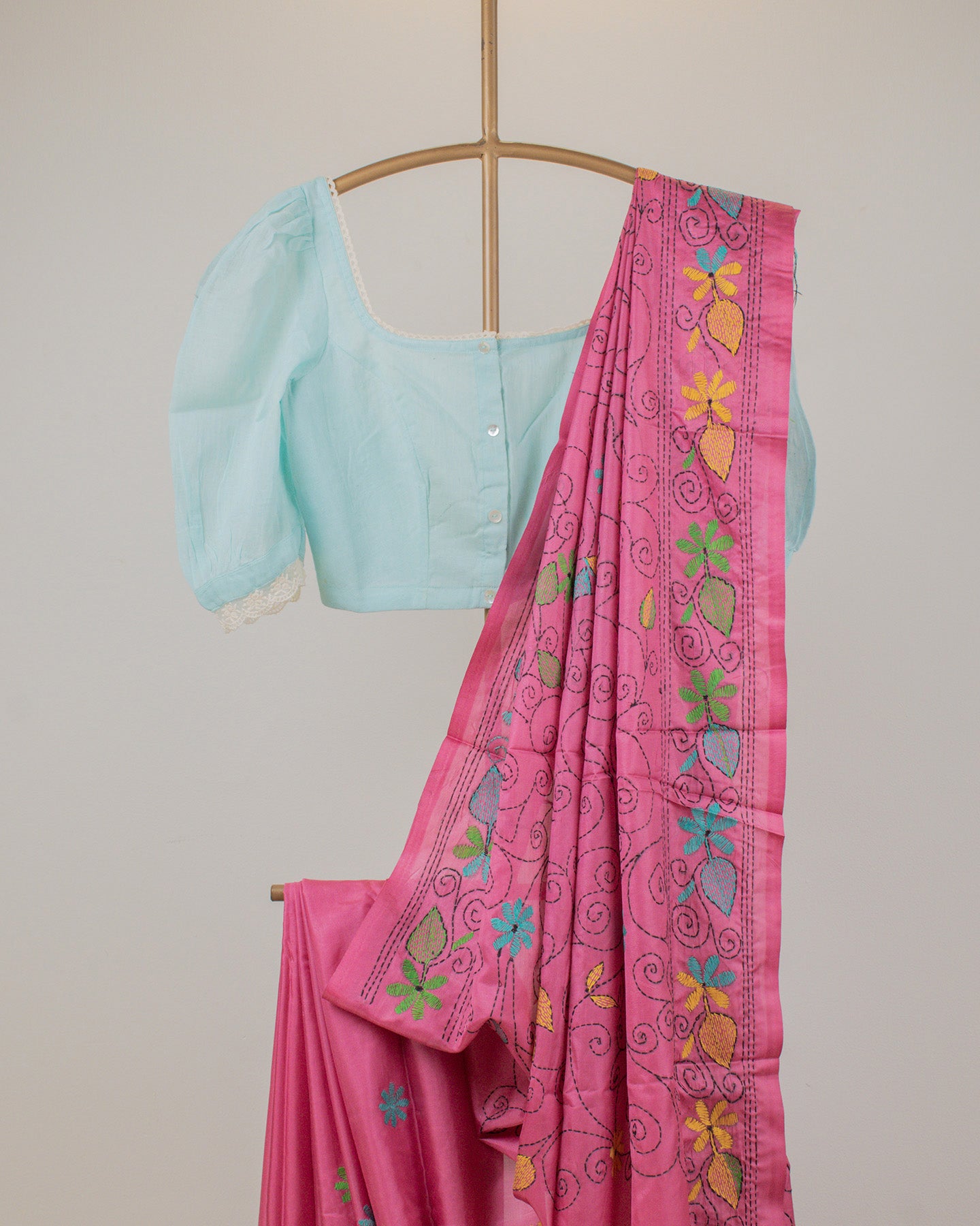 Kantha Floral Pink Saree