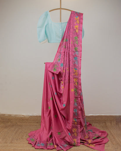 Kantha Floral Pink Saree