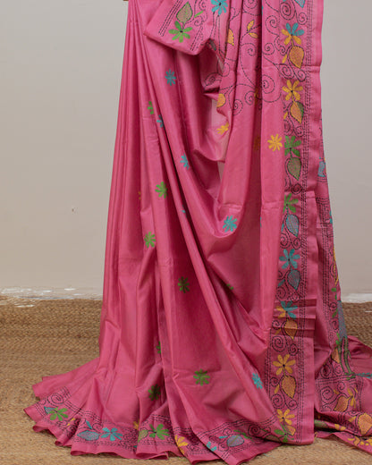 Kantha Floral Pink Saree