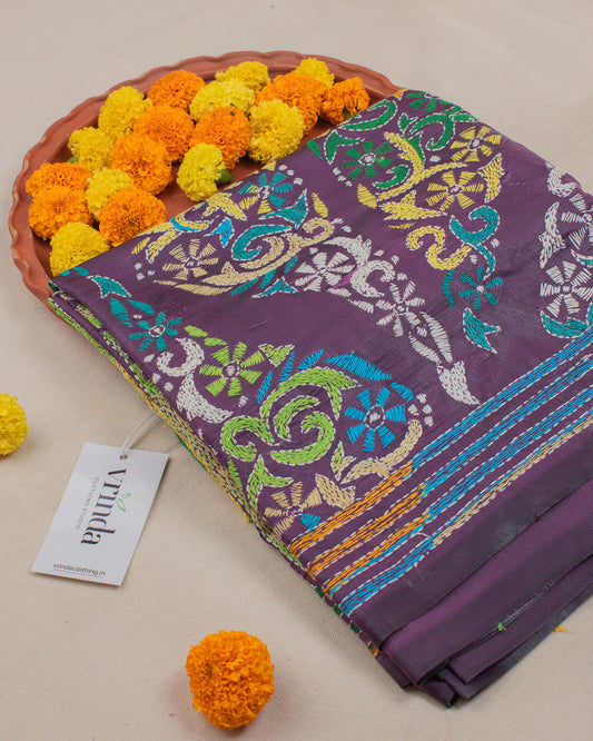 Kantha Floral Purple Saree