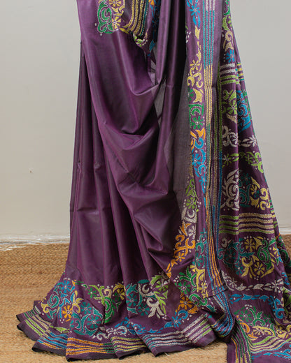 Kantha Floral Purple Saree