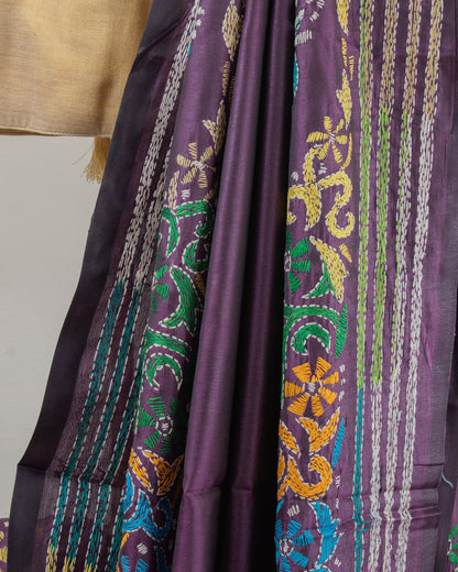 Kantha Floral Purple Saree