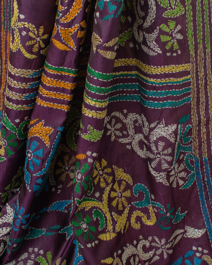 Kantha Floral Purple Saree