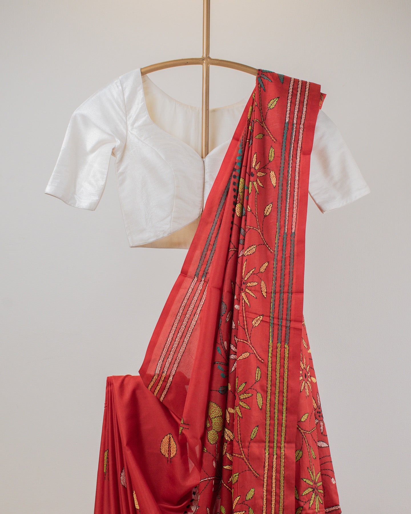 Kantha Floral Red Saree