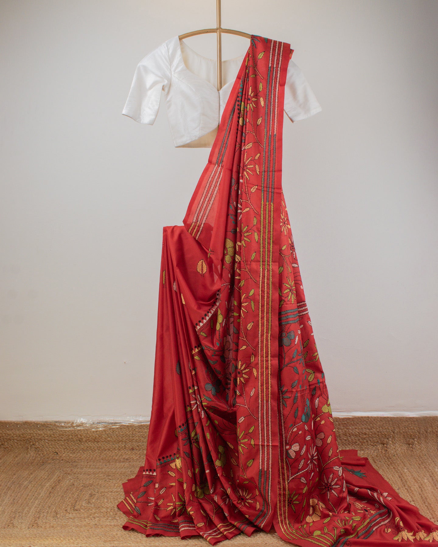 Kantha Floral Red Saree