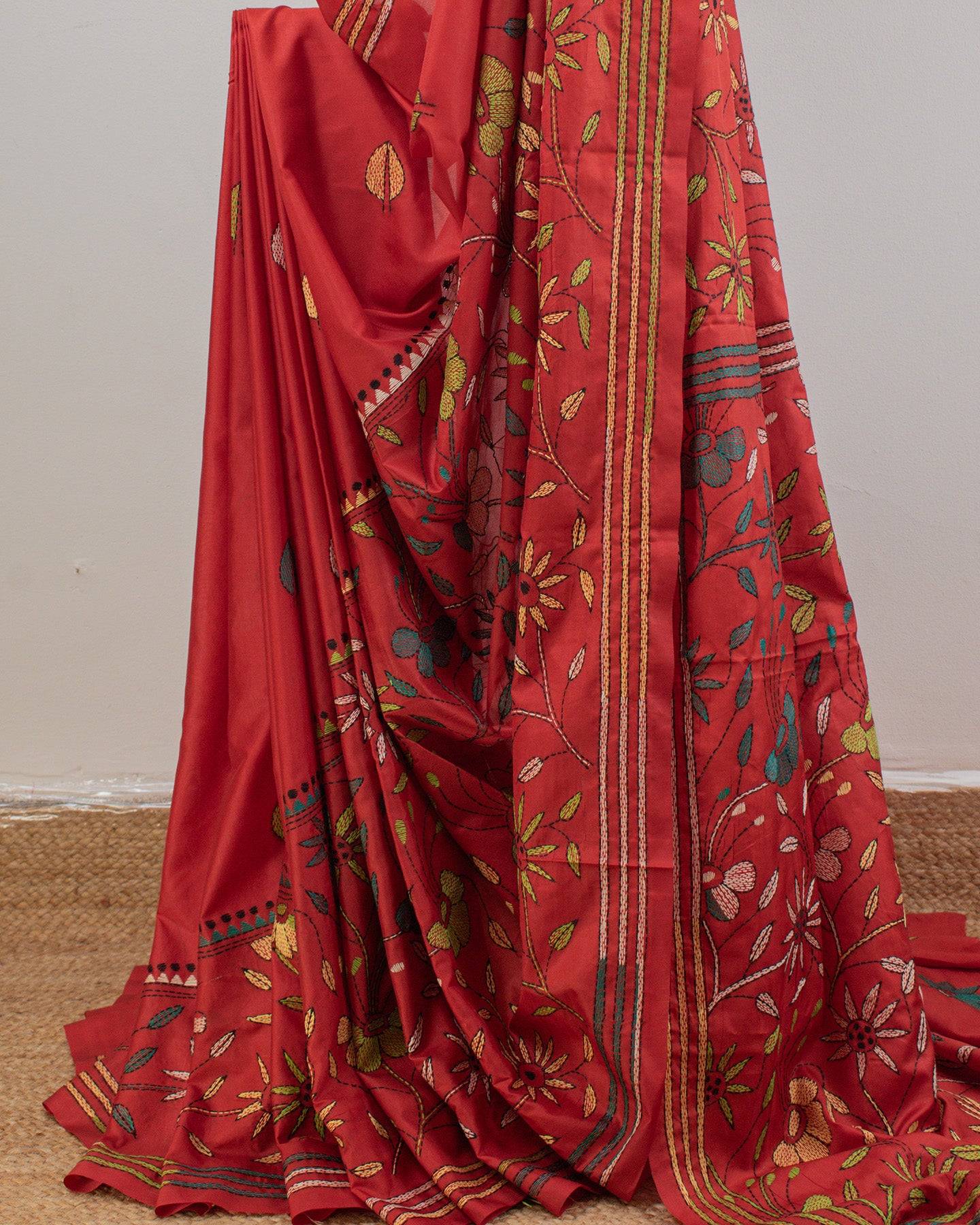 Kantha Floral Red Saree