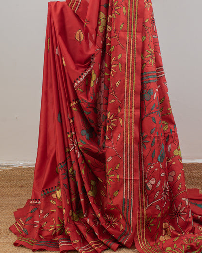 Kantha Floral Red Saree
