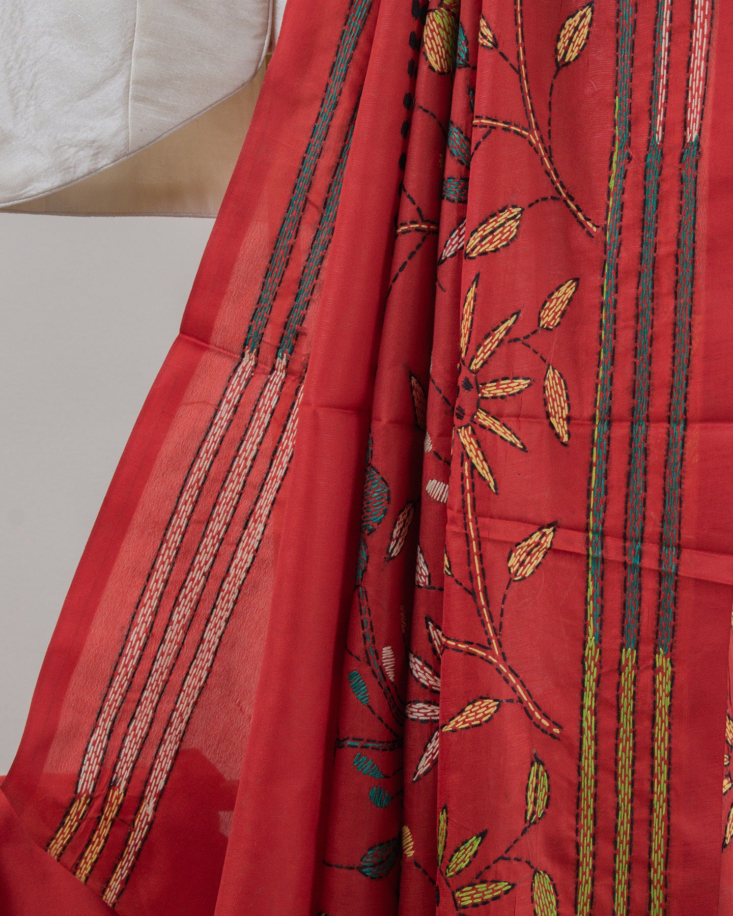 Kantha Floral Red Saree