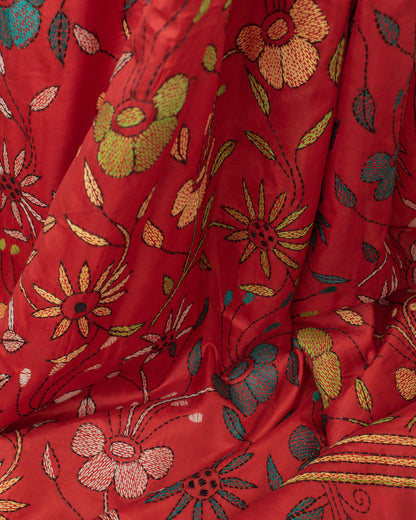 Kantha Floral Red Saree