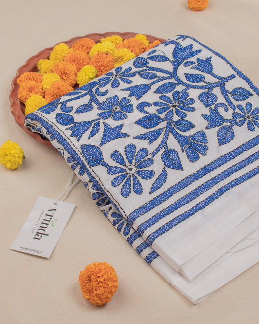 Kantha Indigo White Saree