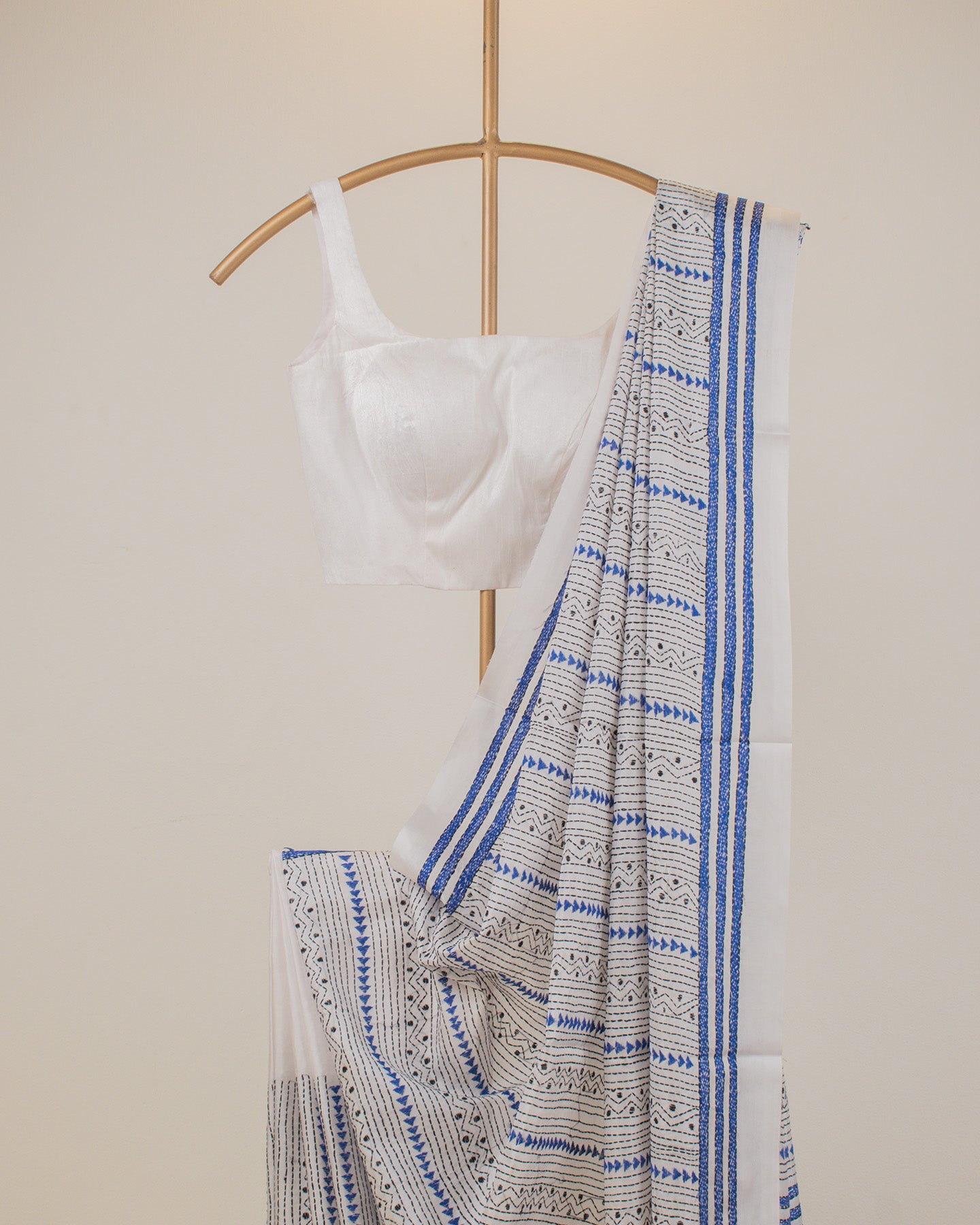 Kantha Indigo White Saree