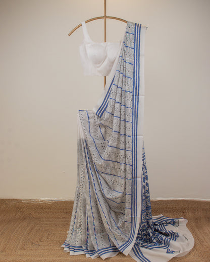 Kantha Indigo White Saree