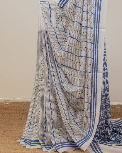 Kantha Indigo White Saree