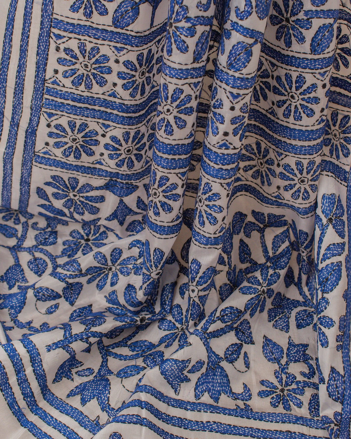 Kantha Indigo White Saree