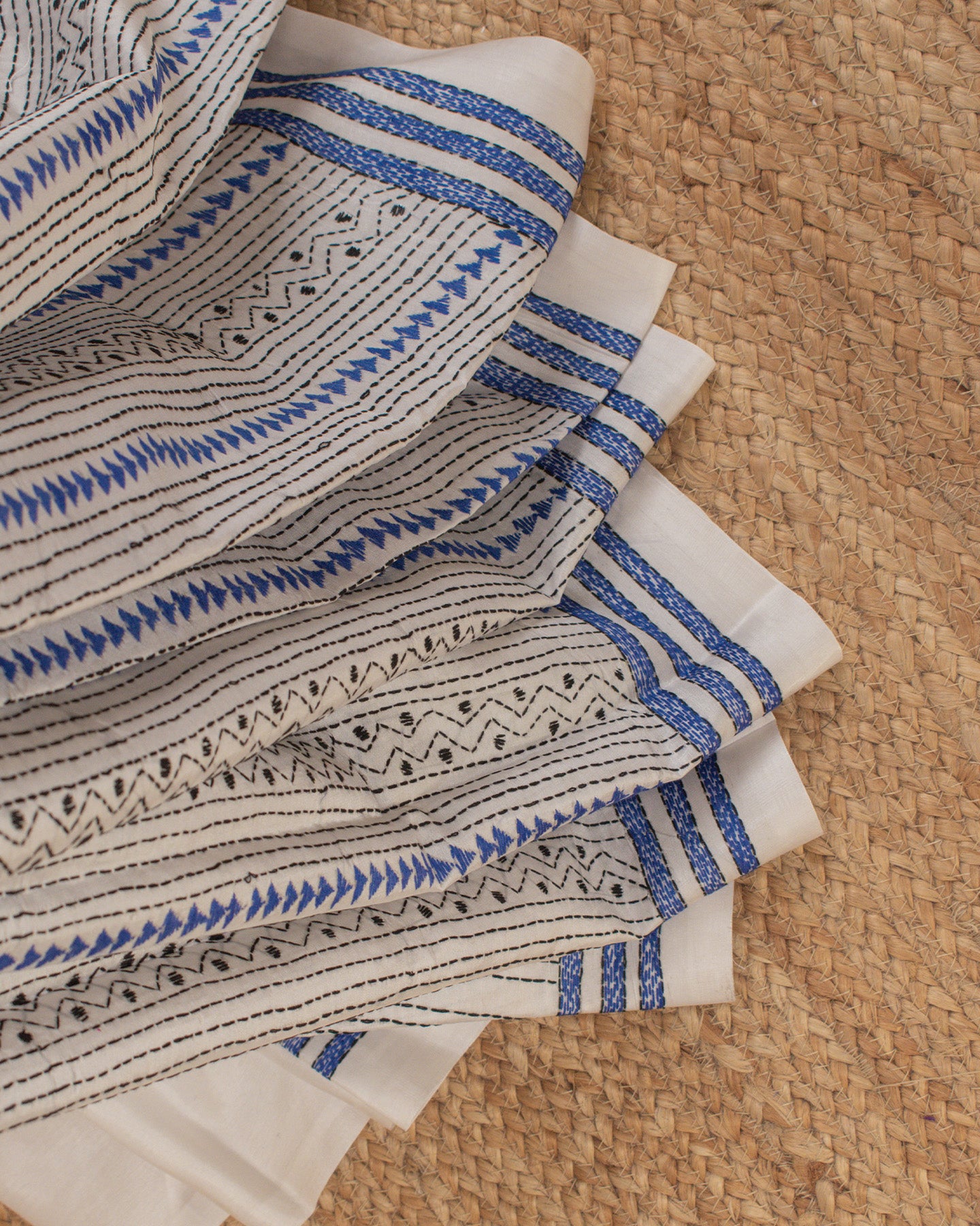 Kantha Indigo White Saree
