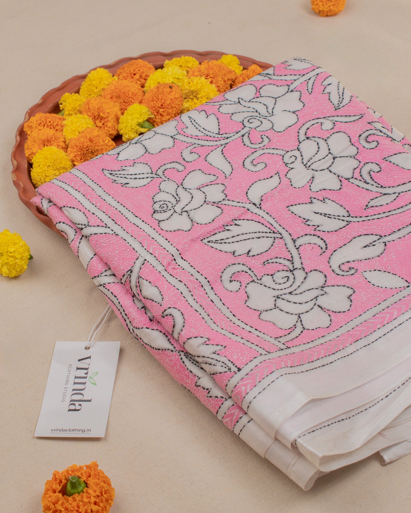 Kantha Pink Leaves Saree