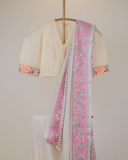 Kantha Pink Leaves Saree