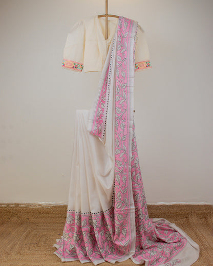 Kantha Pink Leaves Saree