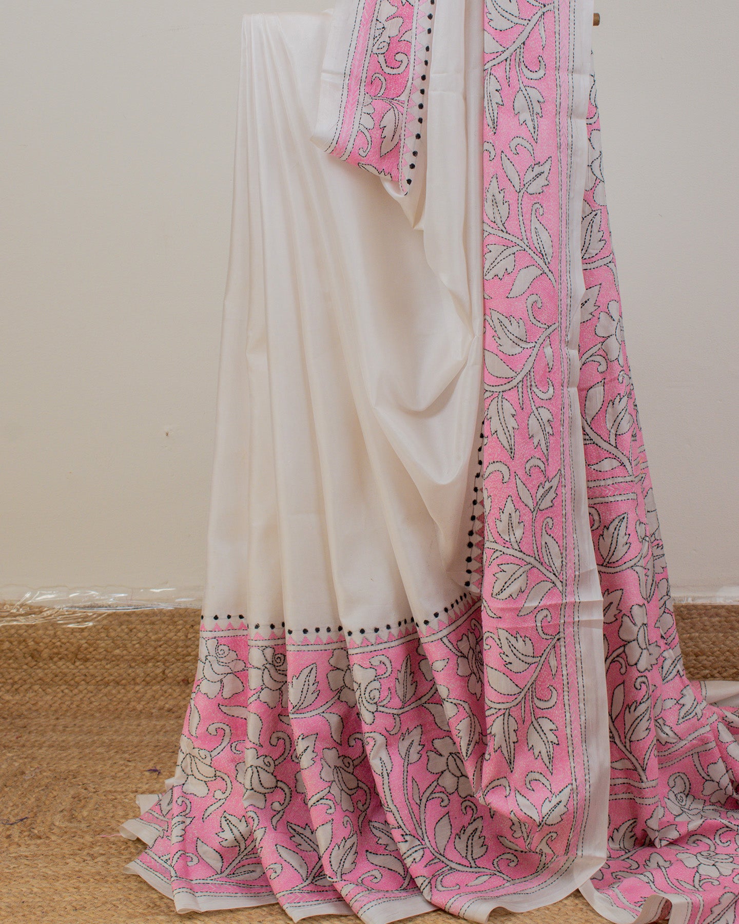 Kantha Pink Leaves Saree