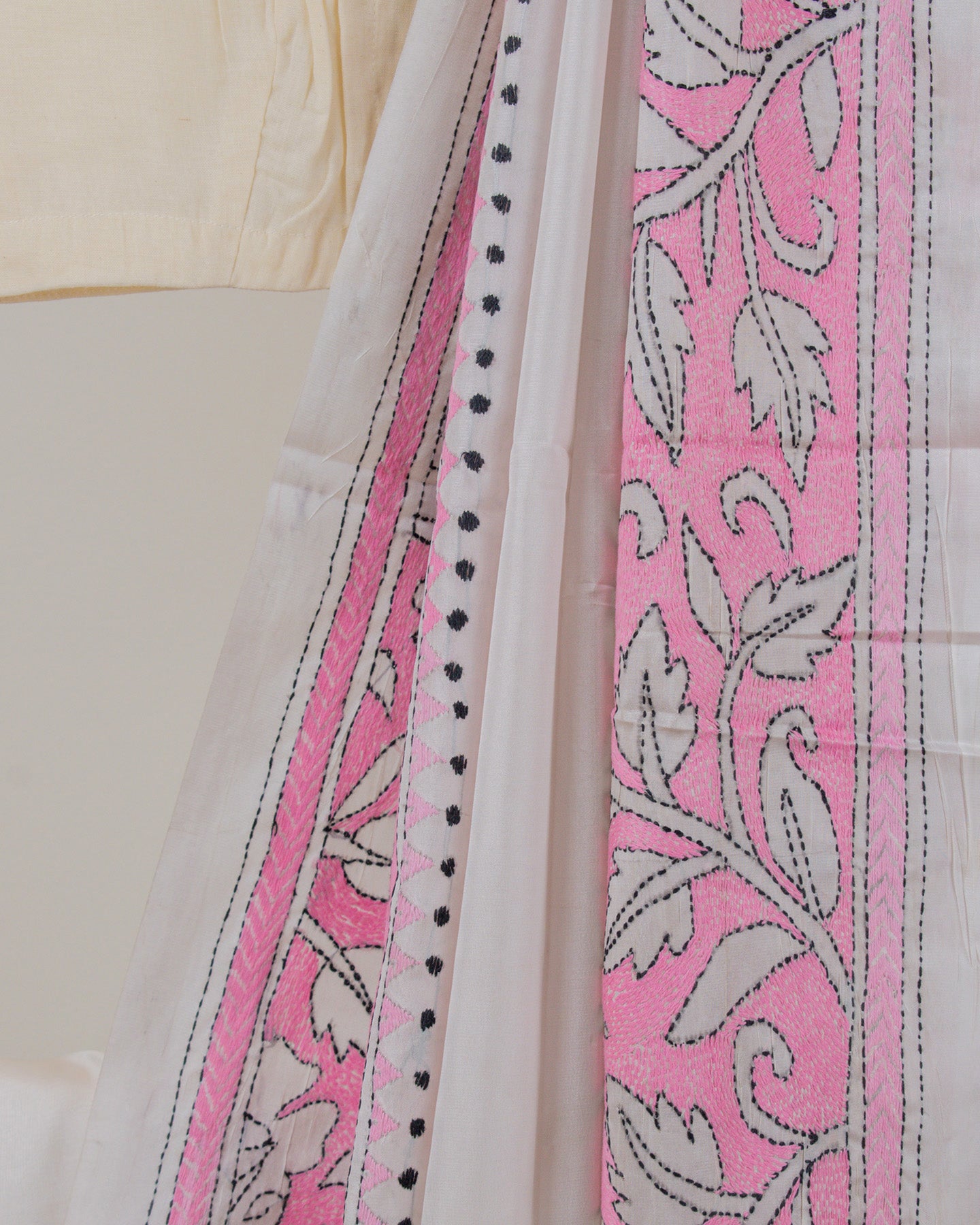 Kantha Pink Leaves Saree