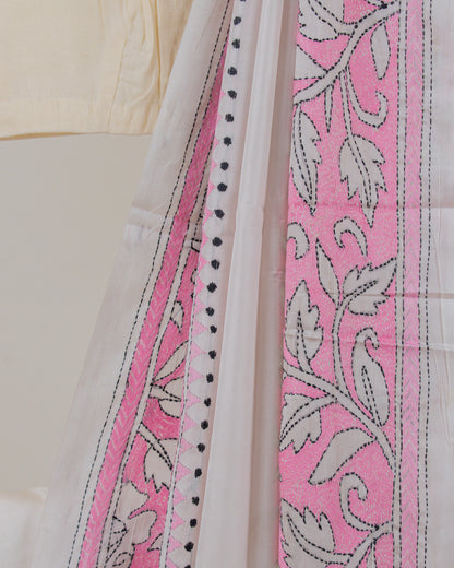 Kantha Pink Leaves Saree