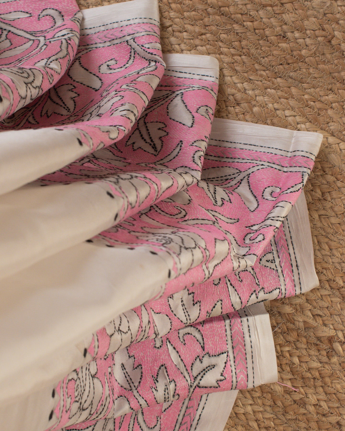 Kantha Pink Leaves Saree