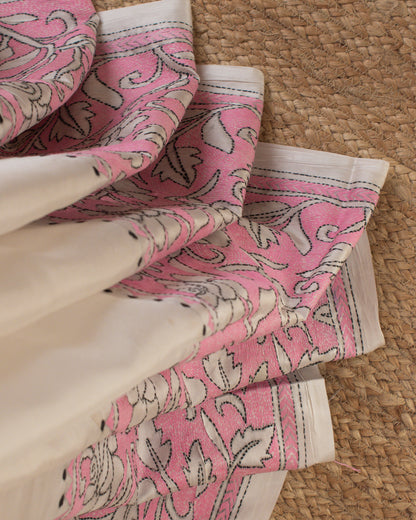Kantha Pink Leaves Saree