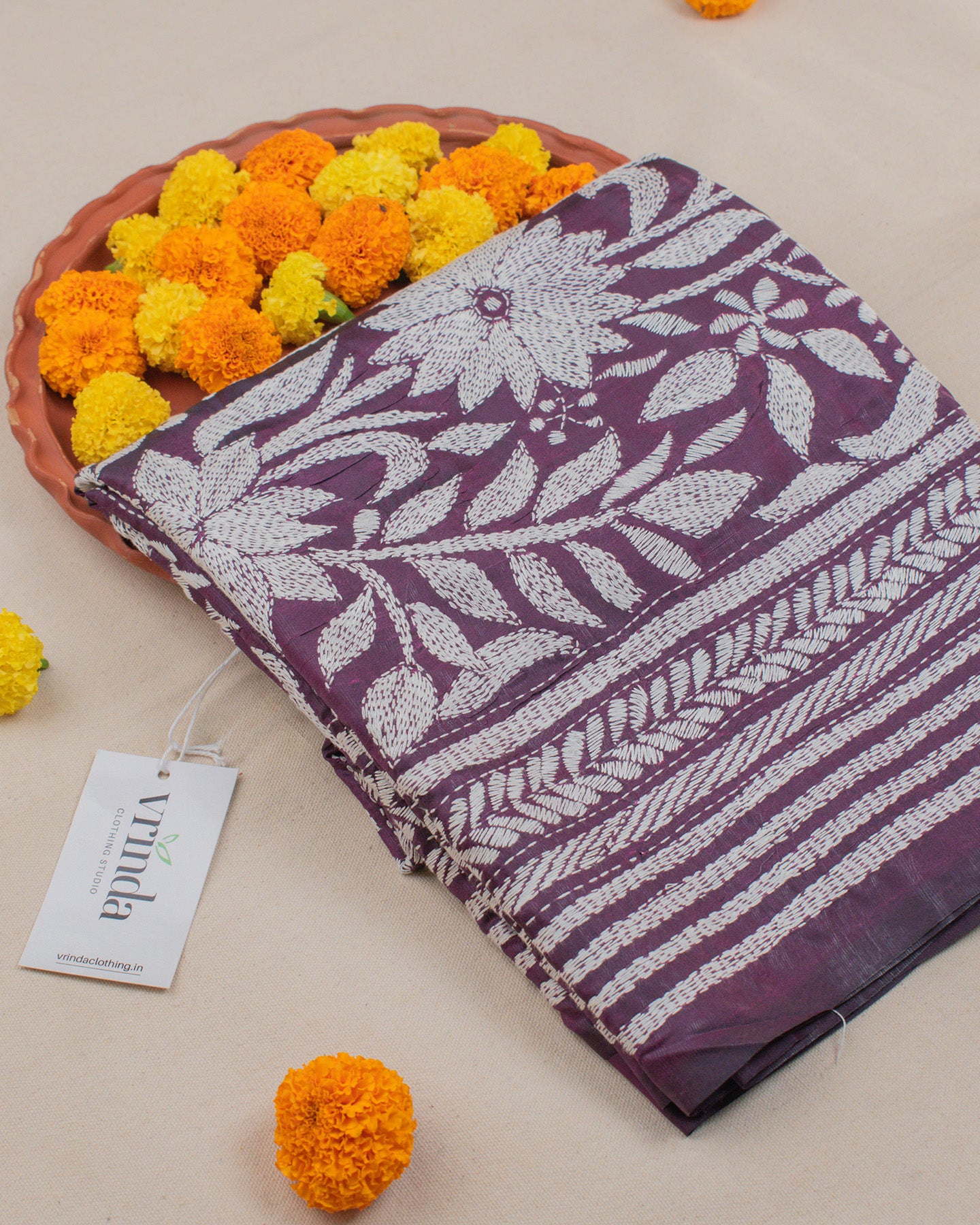 Kantha Plum Weaves Saree