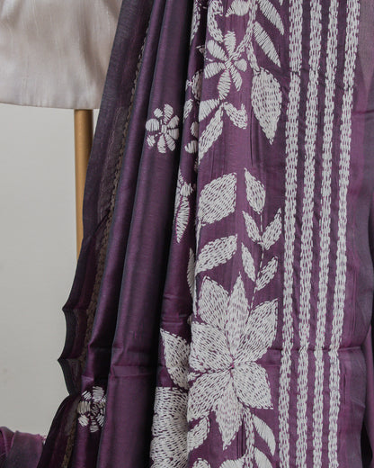 Kantha Plum Weaves Saree